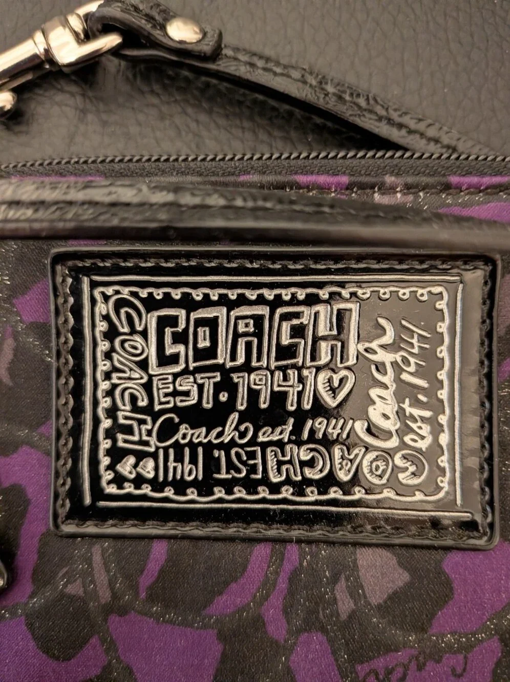 Coach Poppy Purple & Black Signature Wristlet with Logo Patch